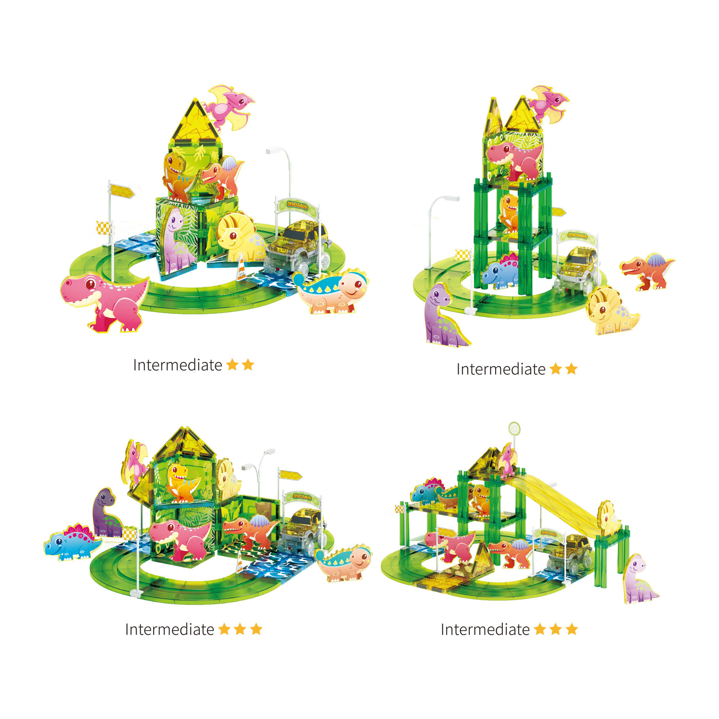 PicassoTiles Magnetic Dinosaur Race Car Track Building Tile Set