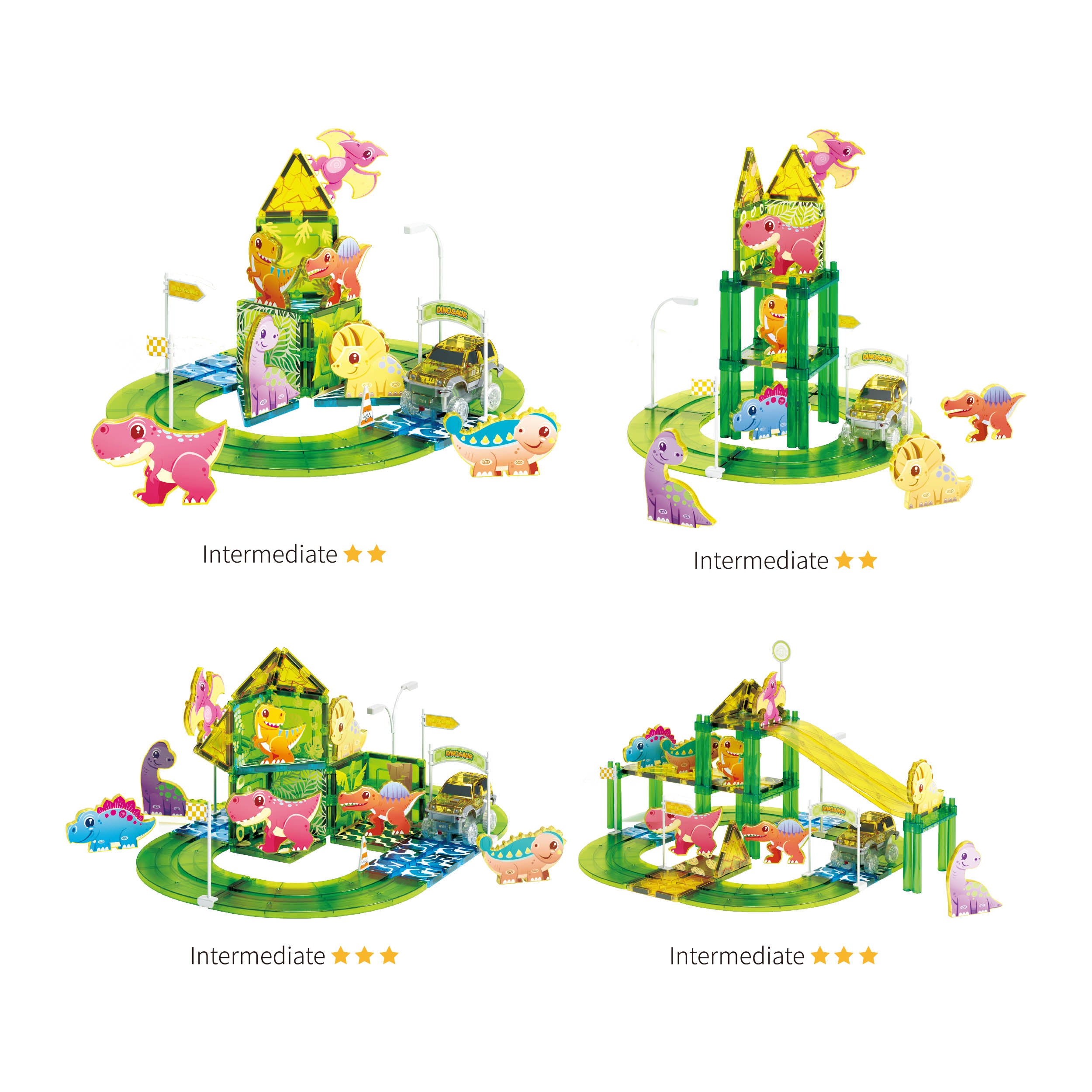 PicassoTiles Magnetic Dinosaur Race Car Track Building Tile Set
