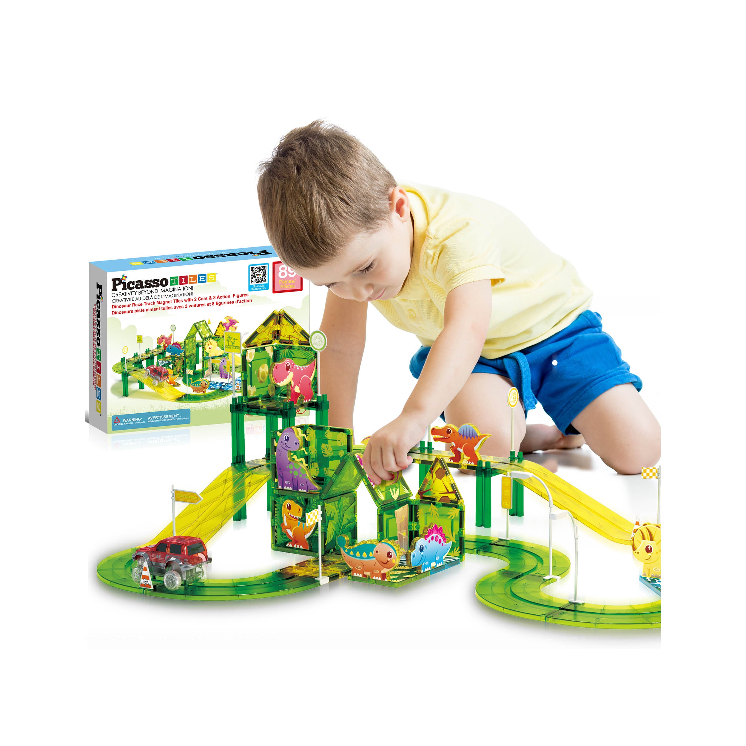 PicassoTiles Magnetic Dinosaur Race Car Track Building Tile Set