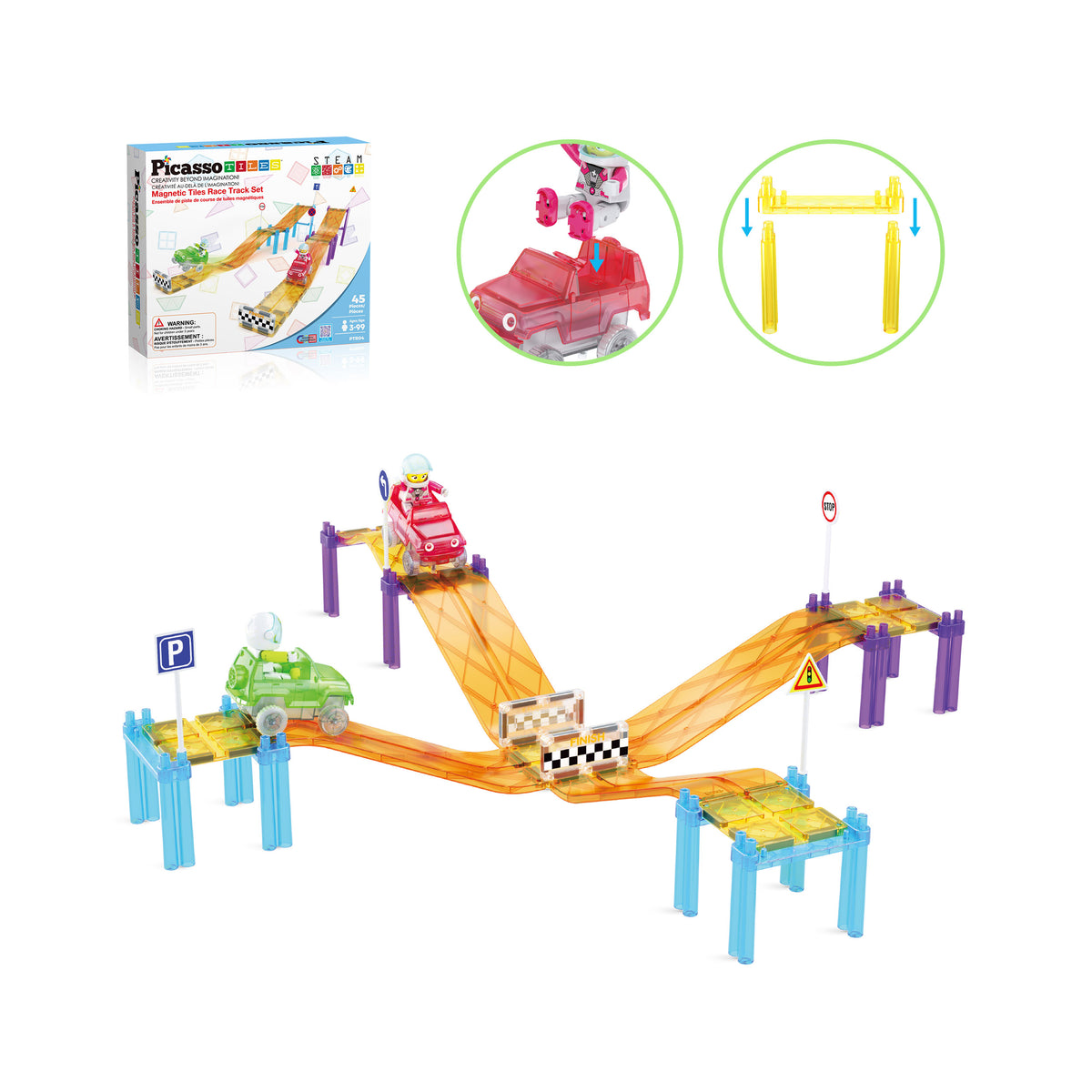 Colorful Car Track PicassoTiles Sloped Race Car Tracks for Racing Playset - 45 Pieces