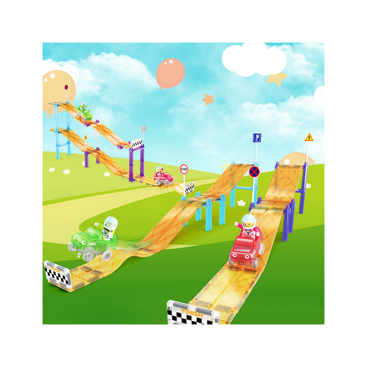 PicassoTiles Sloped Race Car Tracks for Racing Playset - 45 Pieces ...