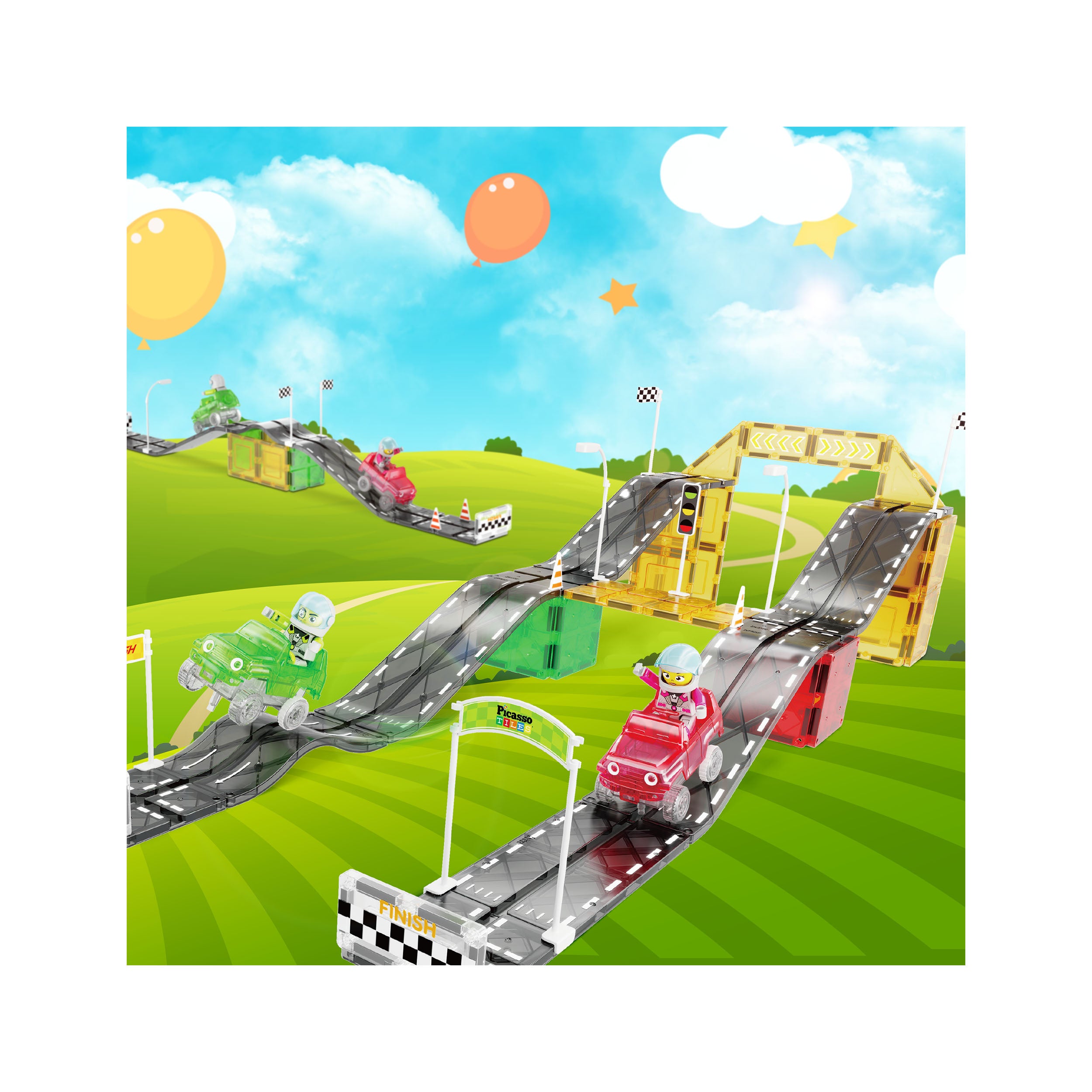 PicassoTiles Race Car Track Slider Racing Building Set