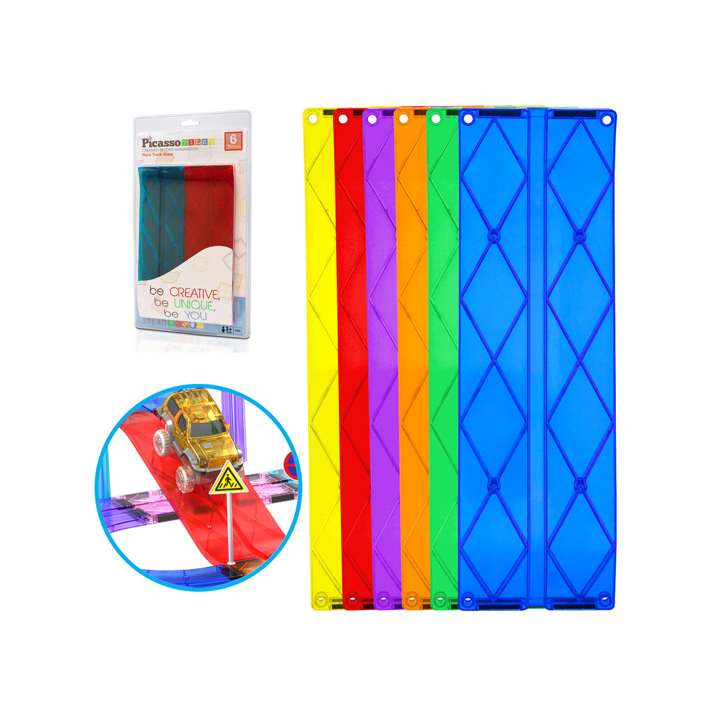 Six colorful straight magnetic track pieces with an accessory package and toy car inset.