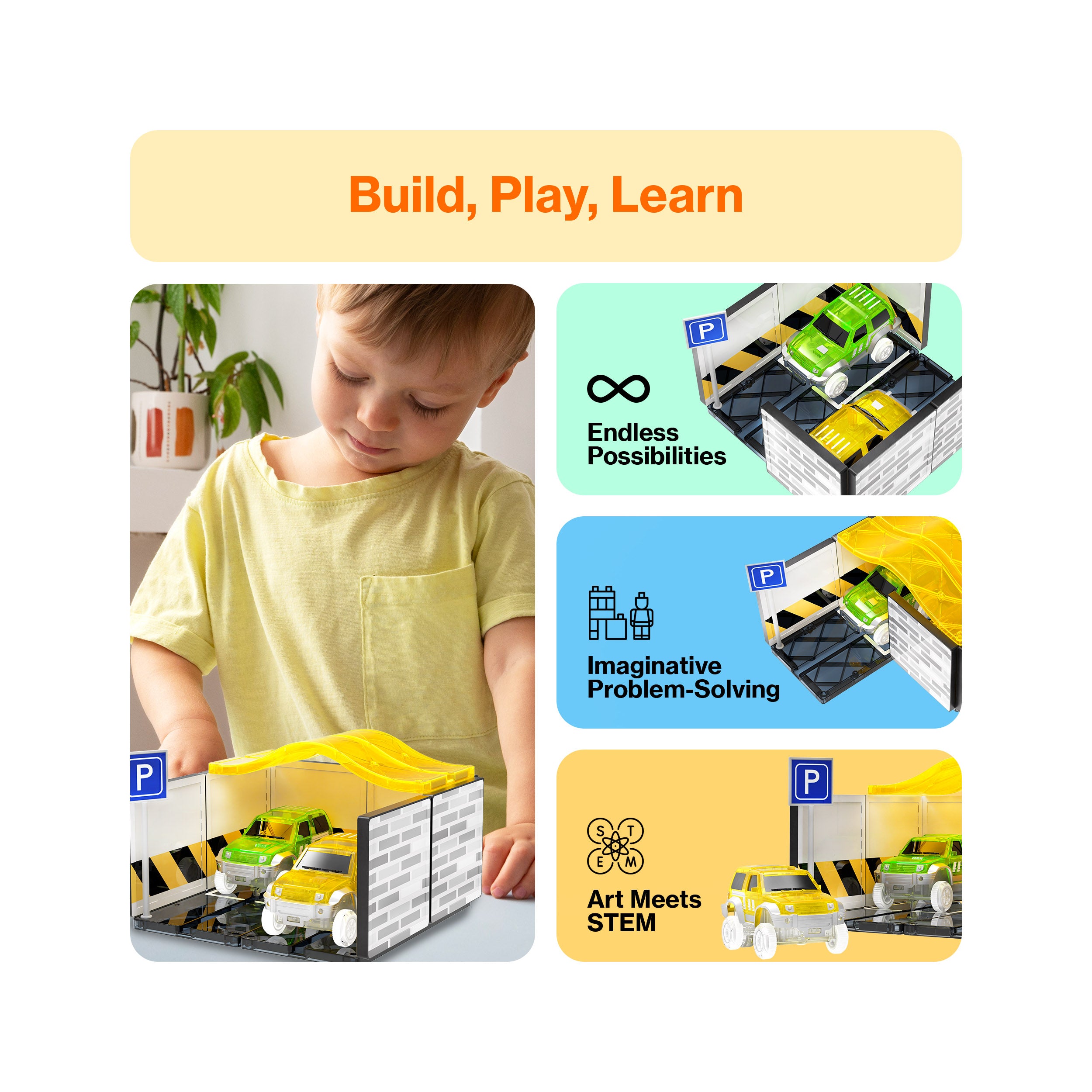PicassoTiles Magnetic Race Car Track Parking Garage Expansion Pack
