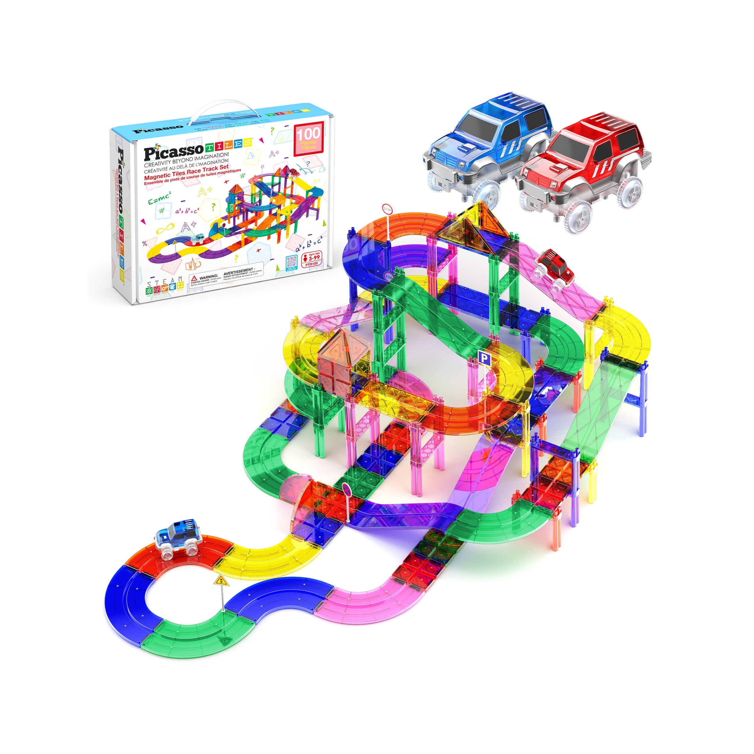 PicassoTiles 100pc Race Track Building Blocks with LED Cars · PicassoTiles