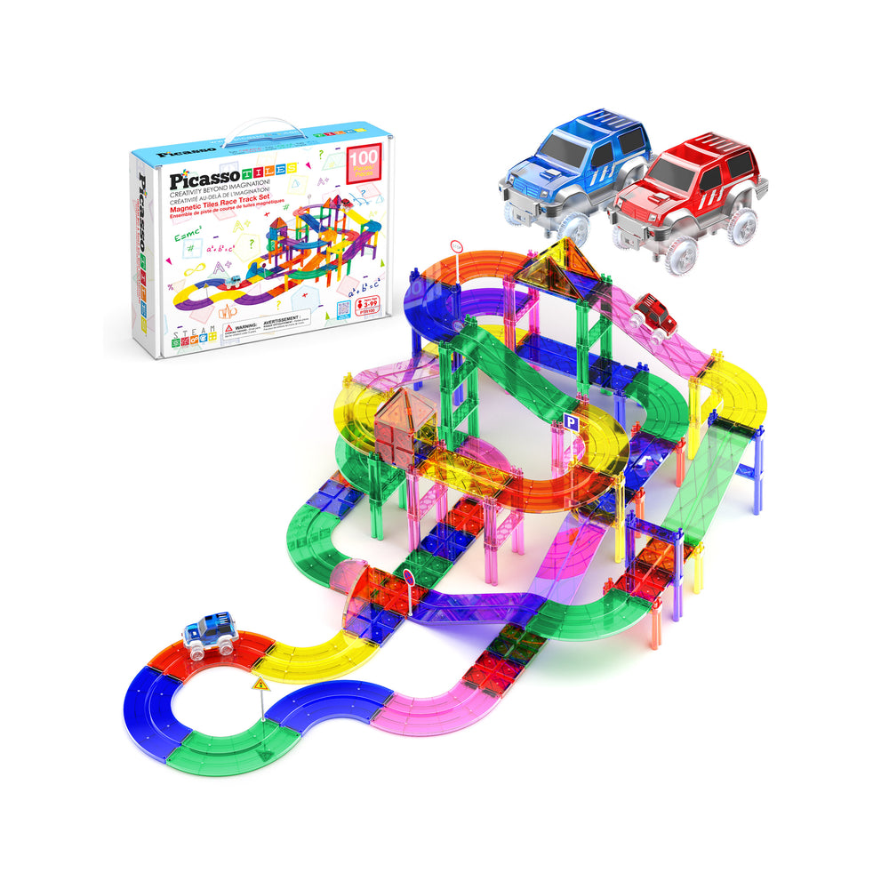 Product box for a 100-piece magnetic race track set alongside a large assembled multi-level track and two toy cars.