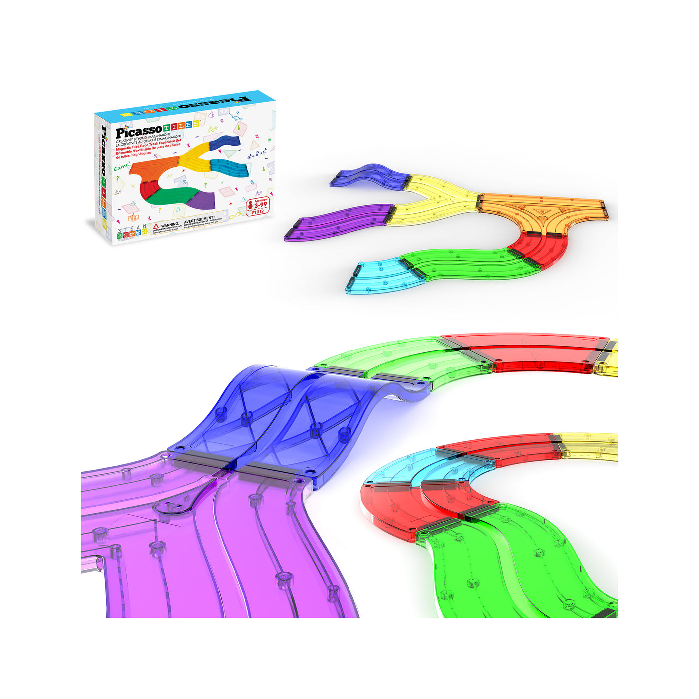 Magnetic race track expansion pieces including curves and speed bumps laid out