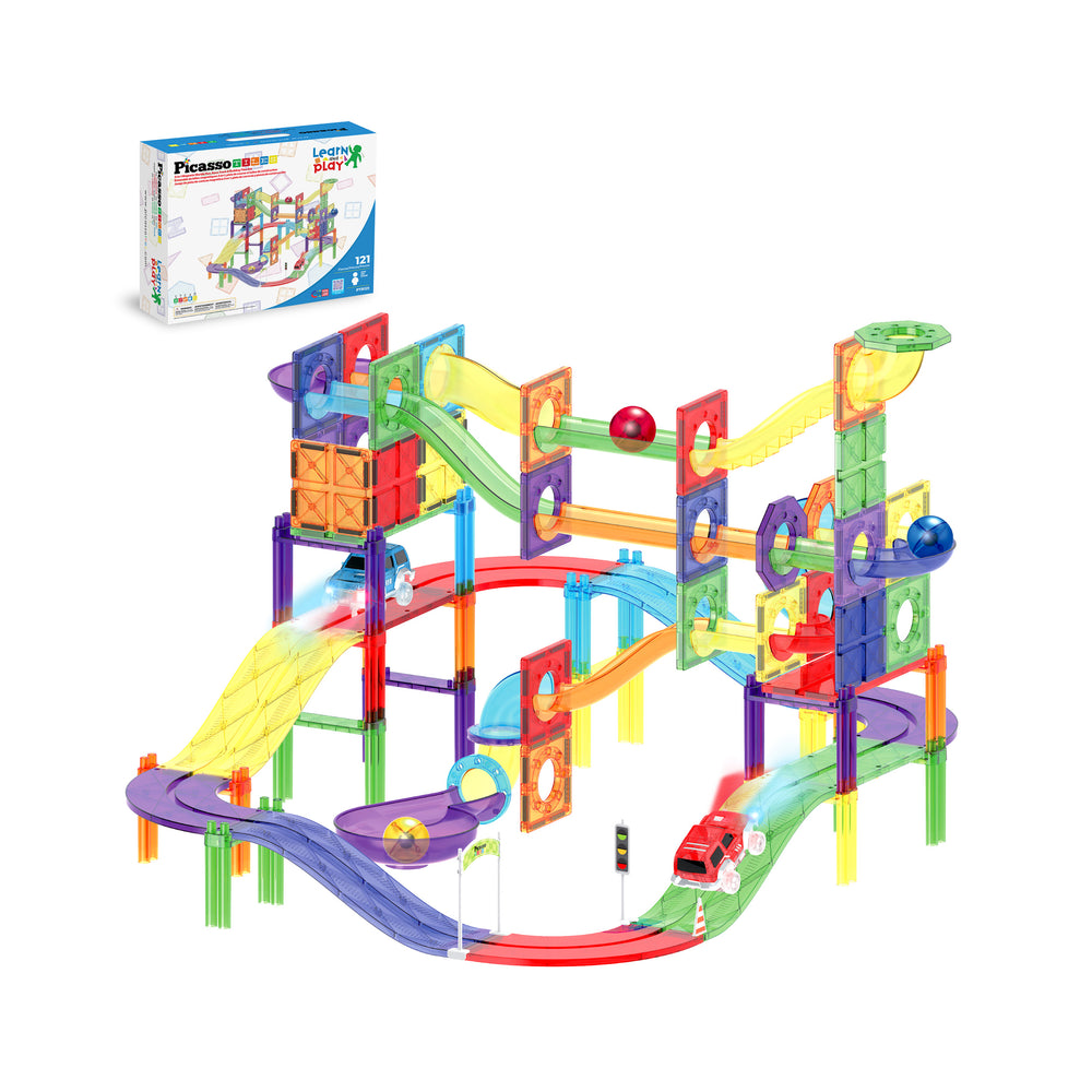 PicassoTiles marble run and race track set with two toy cars, colorful tubes, and a product box.