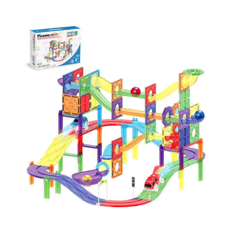 PicassoTiles marble run and race track set with two toy cars, colorful tubes, and a product box.