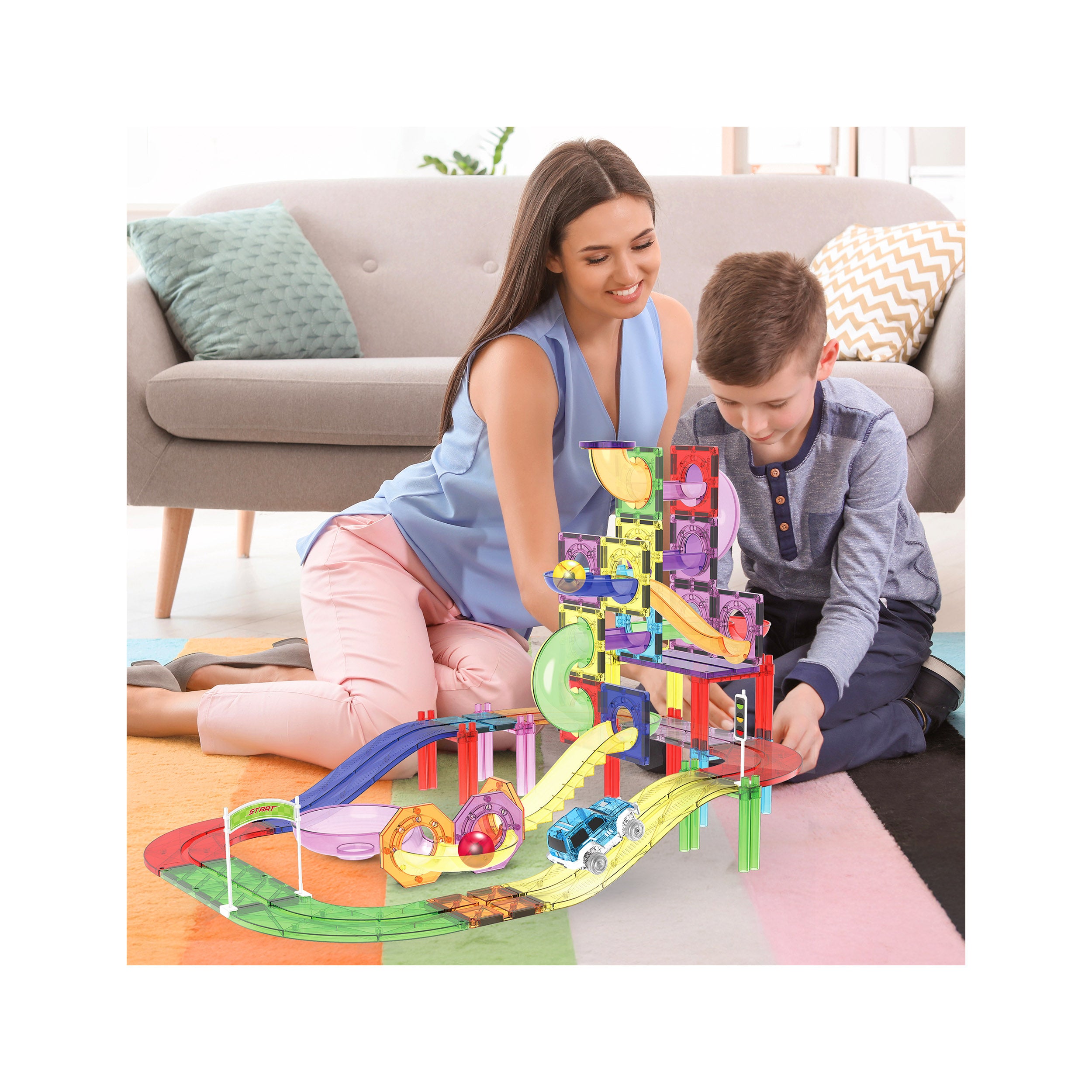 PicassoTiles 121pc 3-in-1 Magnetic Tile, Marble Run, & Racetrack
