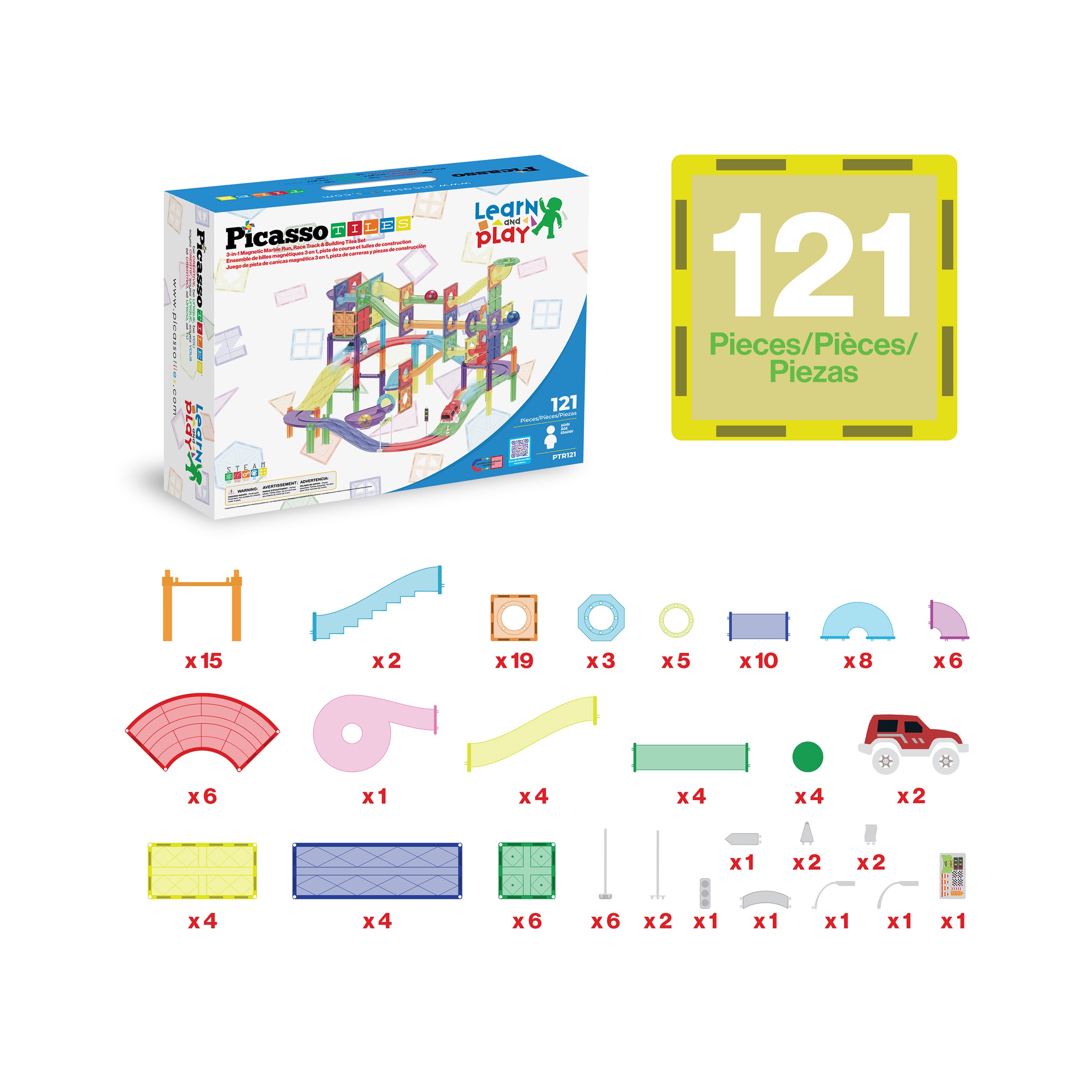 PicassoTiles 121pc 3-in-1 Magnetic Tile, Marble Run, & Racetrack