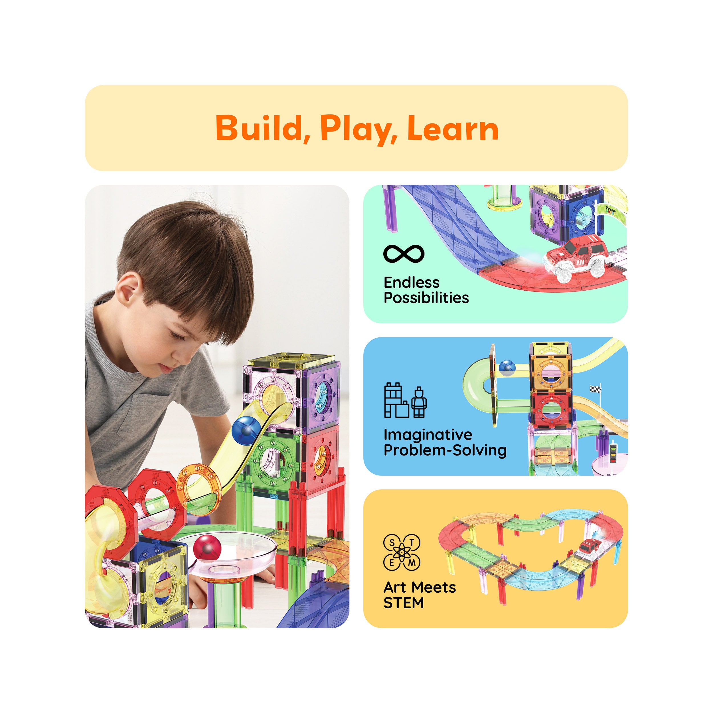 121pc Magnetic Tiles Marble Run Racetrack 3-in-1 STEM Toy Playset