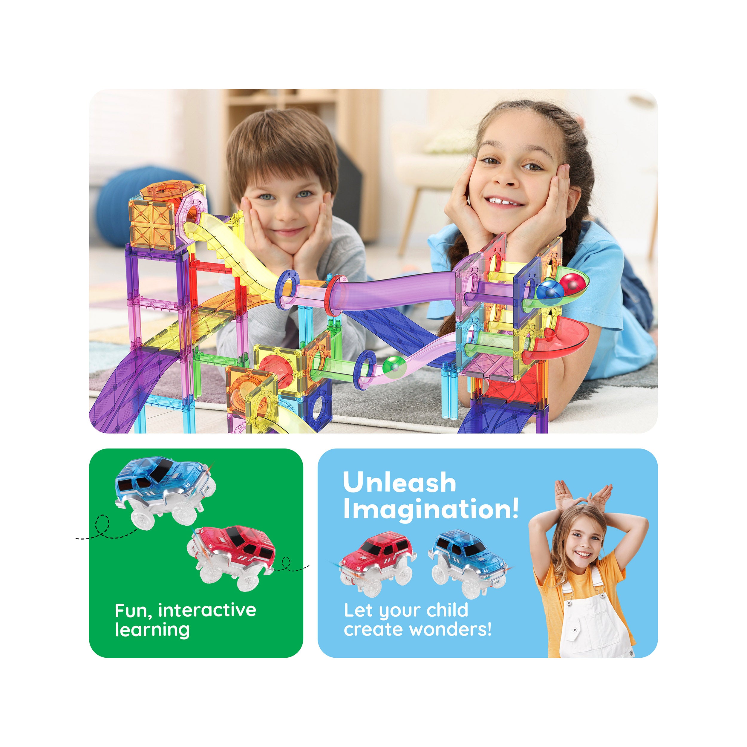 PicassoTiles 121pc 3-in-1 Magnetic Tile, Marble Run, & Racetrack