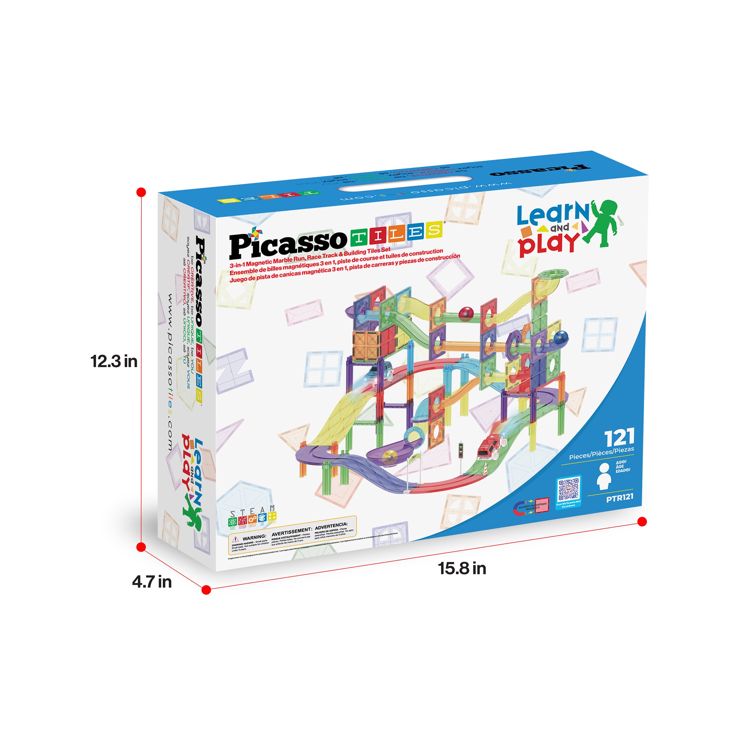 121pc Magnetic Tiles Marble Run Racetrack 3-in-1 STEM Toy Playset
