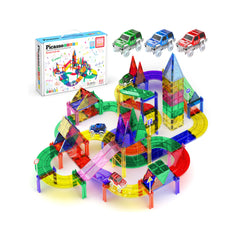 Magnetic tile race track set with 3 LED cars, tall translucent towers, and vibrant curved ramps.