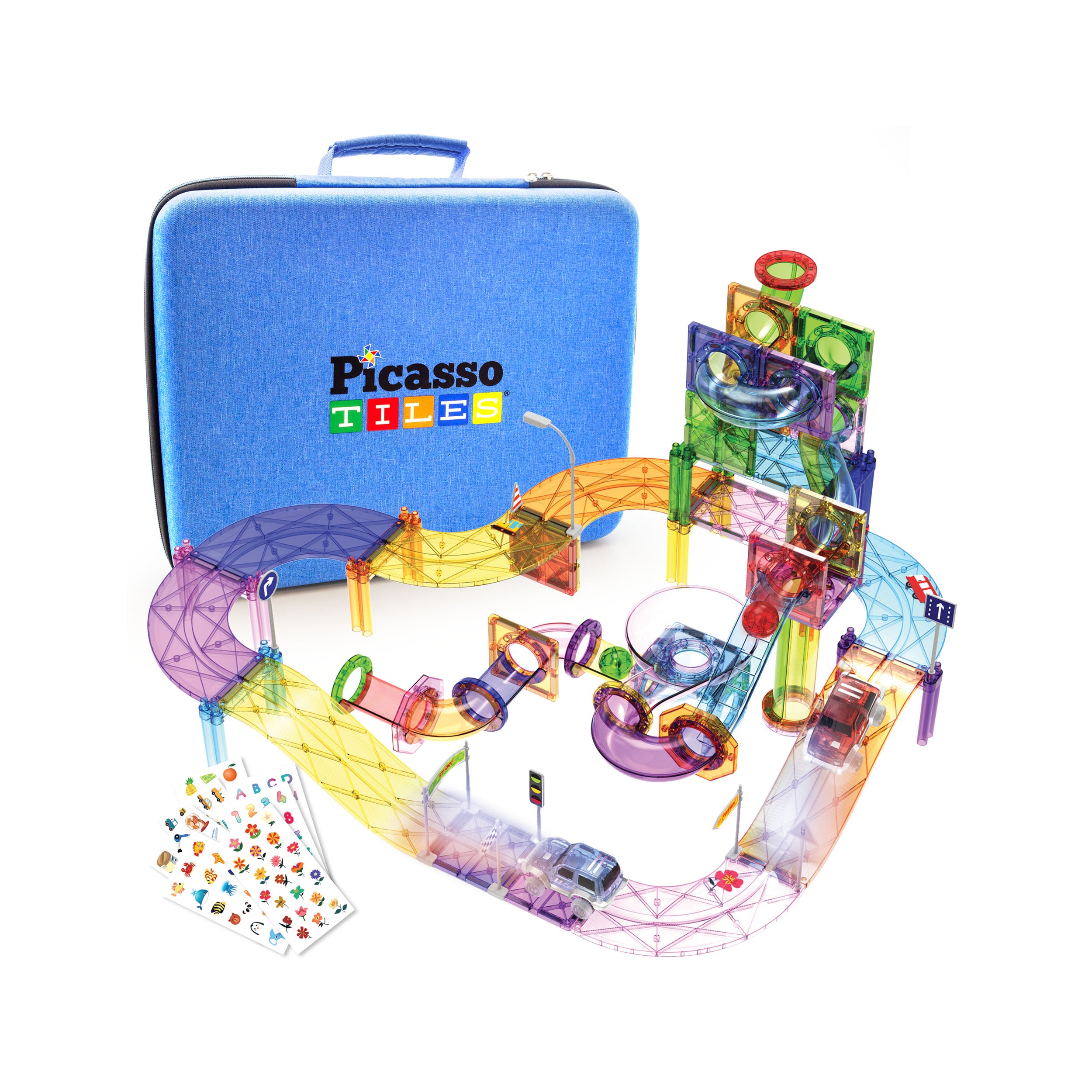 PicassoTiles set with a blue carrying case, colorful magnetic tracks, marble run tubes, toy cars, and sticker sheets.
