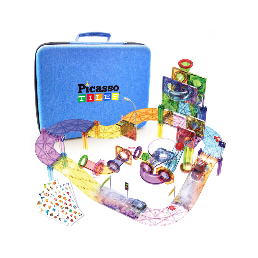 PicassoTiles set with a blue carrying case, colorful magnetic tracks, marble run tubes, toy cars, and sticker sheets.