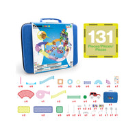 A 131-piece PicassoTiles marble run set showing a blue storage case and a breakdown of included parts.