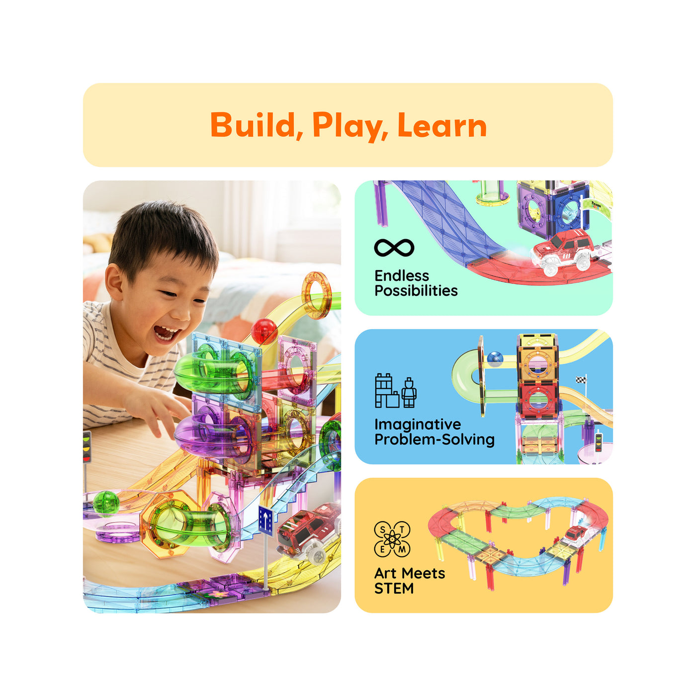 Graphic titled "Build, Play, Learn" featuring a boy playing with a magnetic marble run alongside STEM feature callouts.
