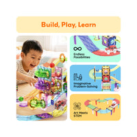 Graphic titled "Build, Play, Learn" featuring a boy playing with a magnetic marble run alongside STEM feature callouts.