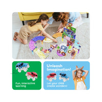 Graphic featuring a mother and daughter building a magnetic track, light-up toy cars, and "Unleash Imagination!" text.
