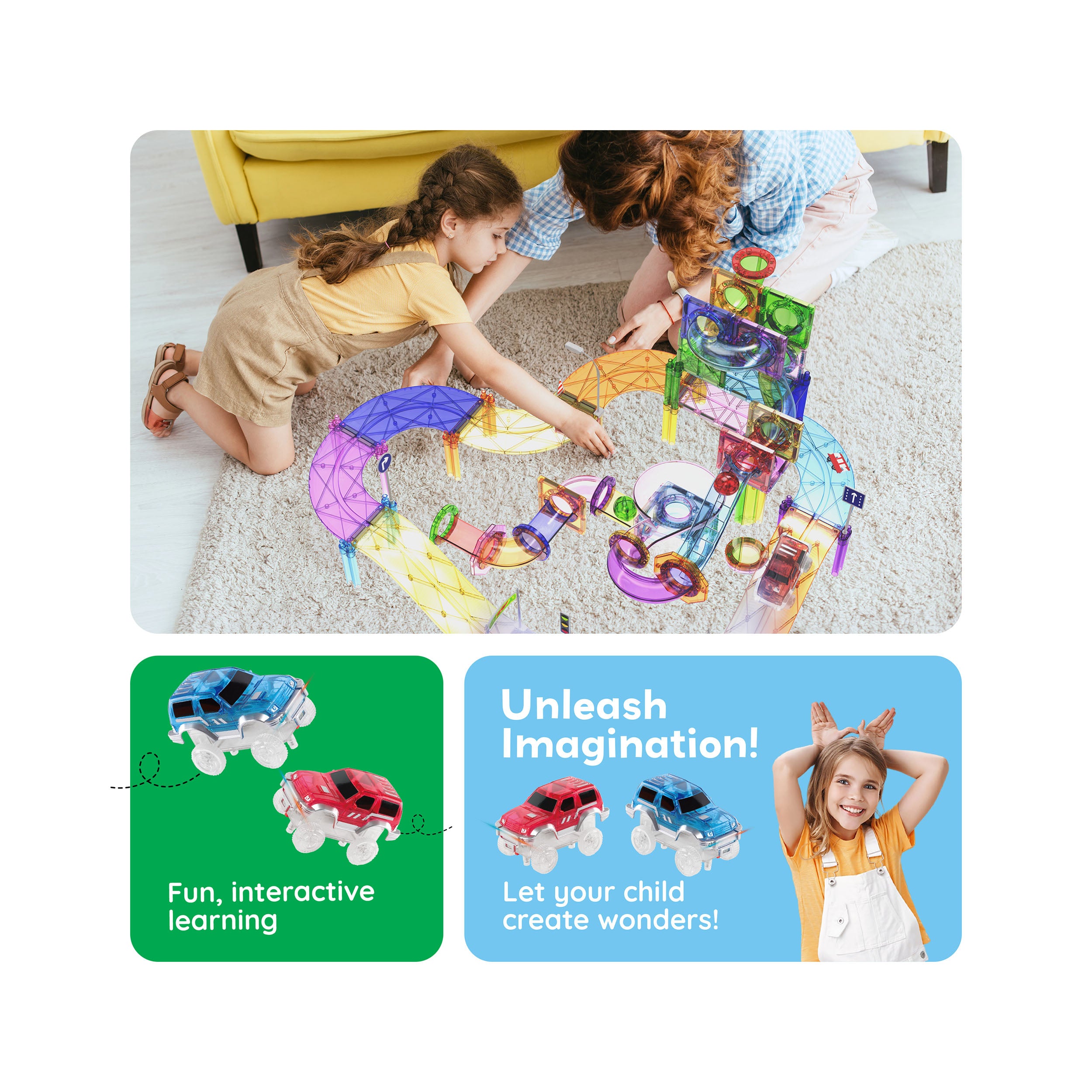 Graphic featuring a mother and daughter building a magnetic track, light-up toy cars, and "Unleash Imagination!" text.