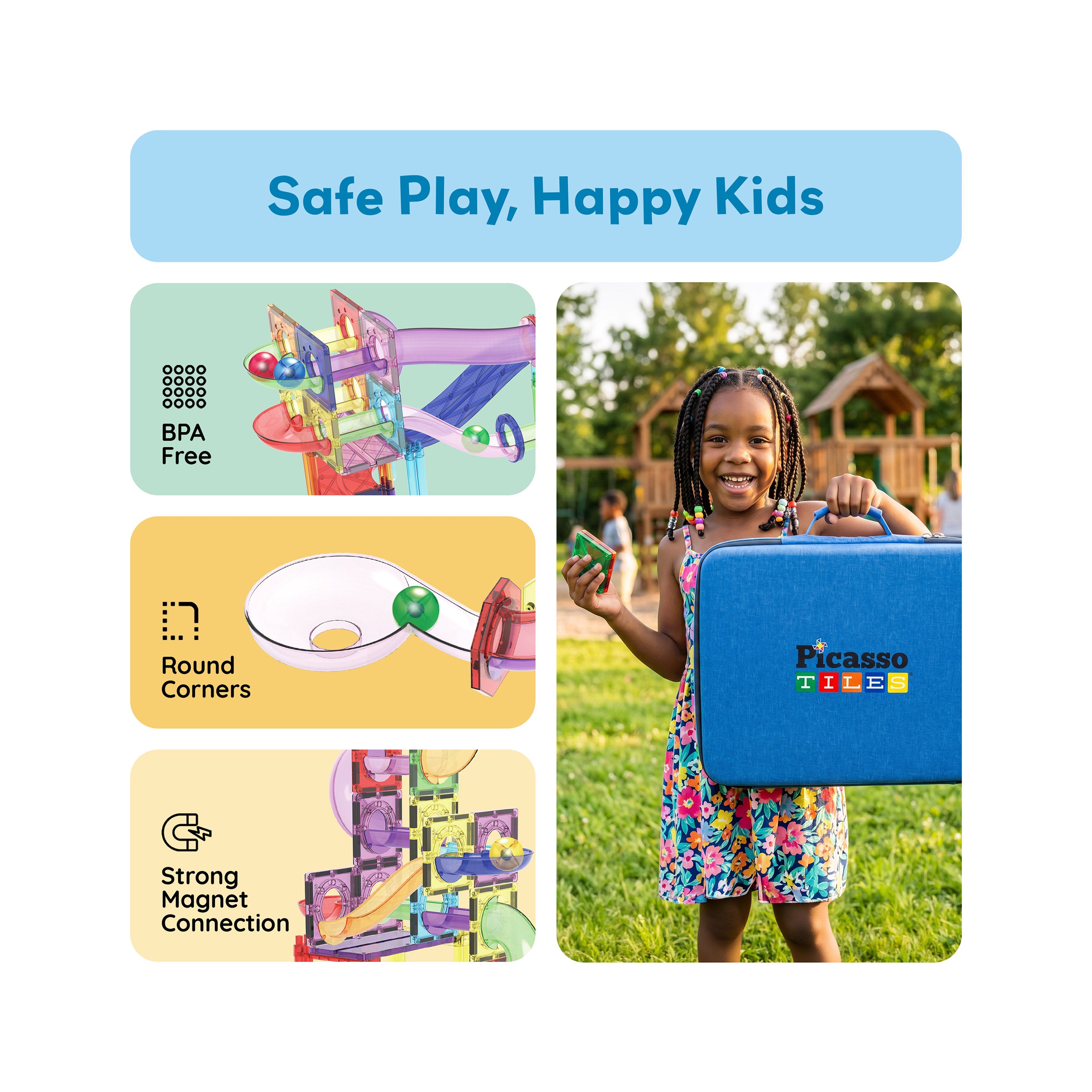 Graphic titled "Safe Play, Happy Kids" showing safety features beside a smiling girl carrying a blue PicassoTiles case.