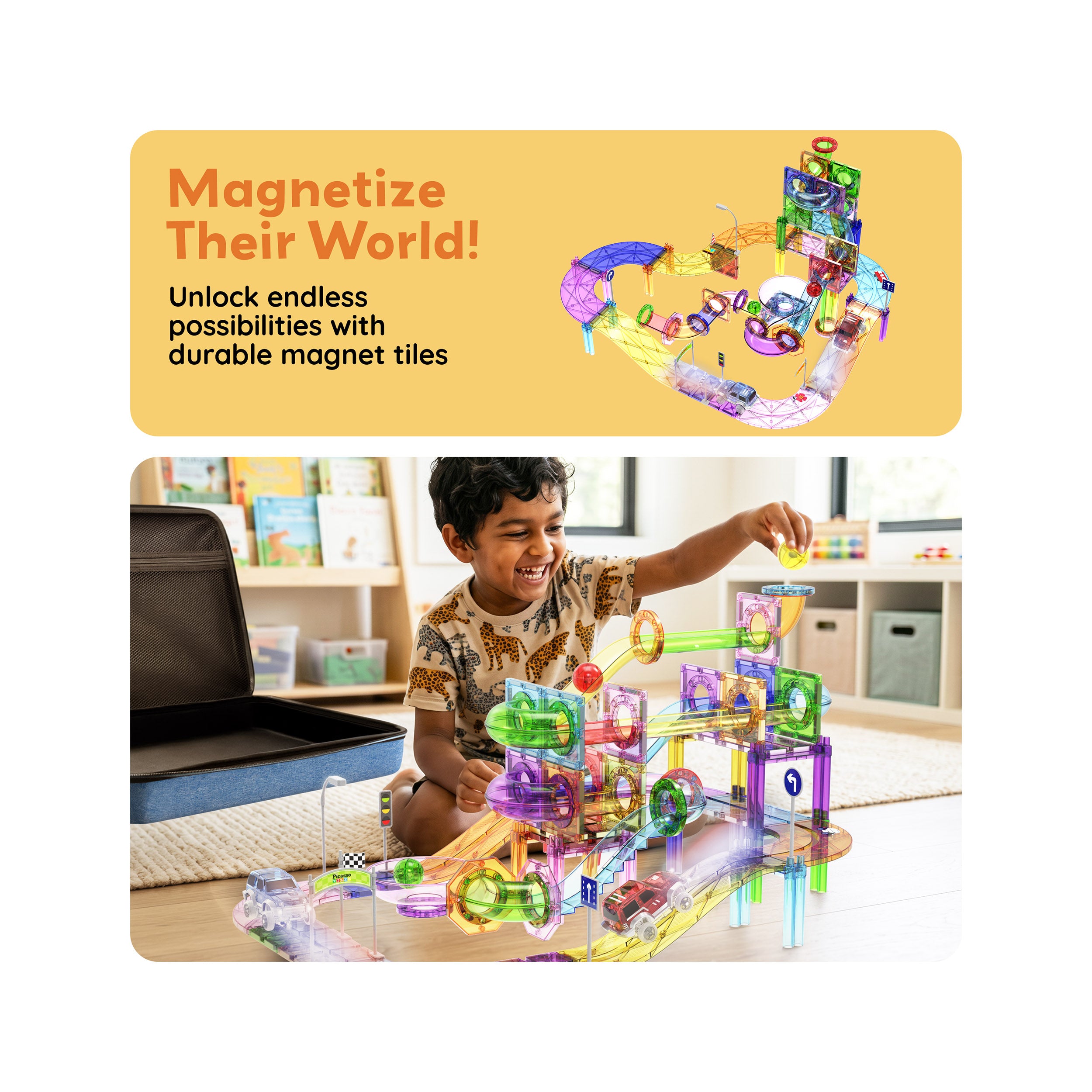 A child playing with a colorful magnetic tile track set under promo text reading "Magnetize Their World!".