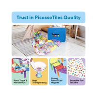 PicassoTiles set showing built race track, storage case, marble run pieces, strong magnets, and stickers.