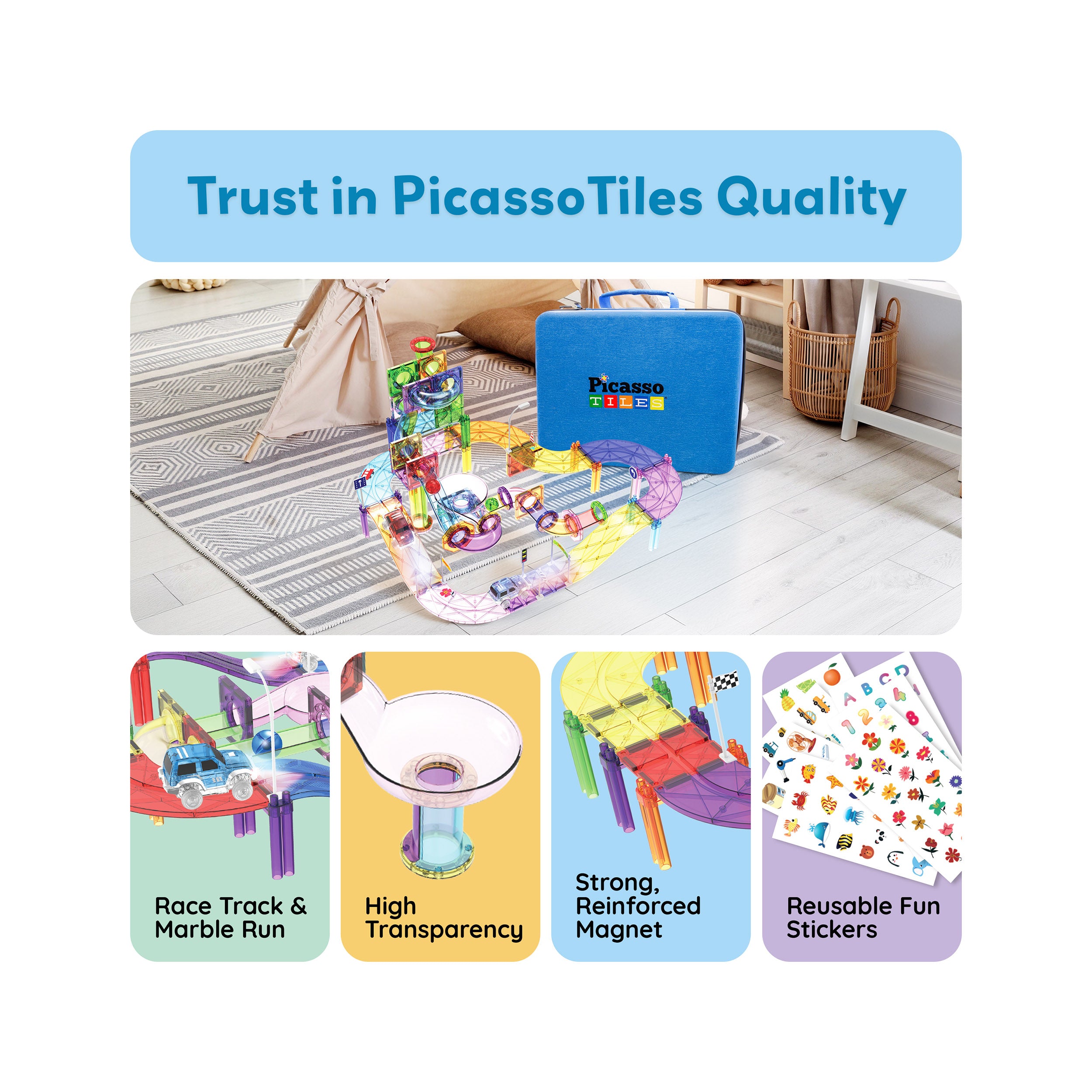 PicassoTiles set showing built race track, storage case, marble run pieces, strong magnets, and stickers.