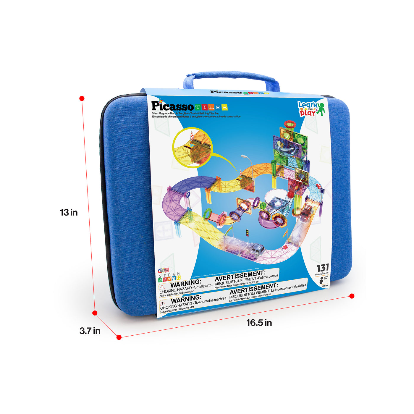 Blue PicassoTiles storage case with dimensions labeled: 16.5 in wide, 13 in high, and 3.7 in deep.