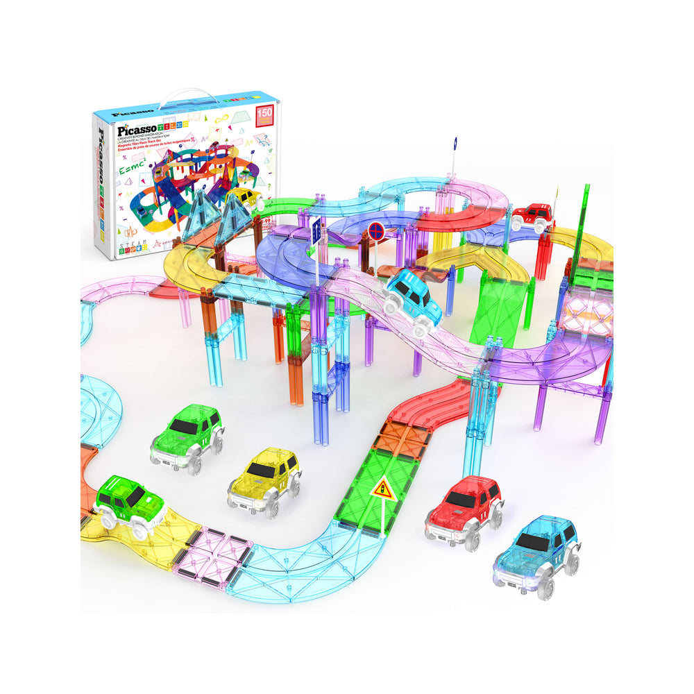 Complex race track built with colorful, translucent magnetic tiles, featuring toy cars on winding paths.