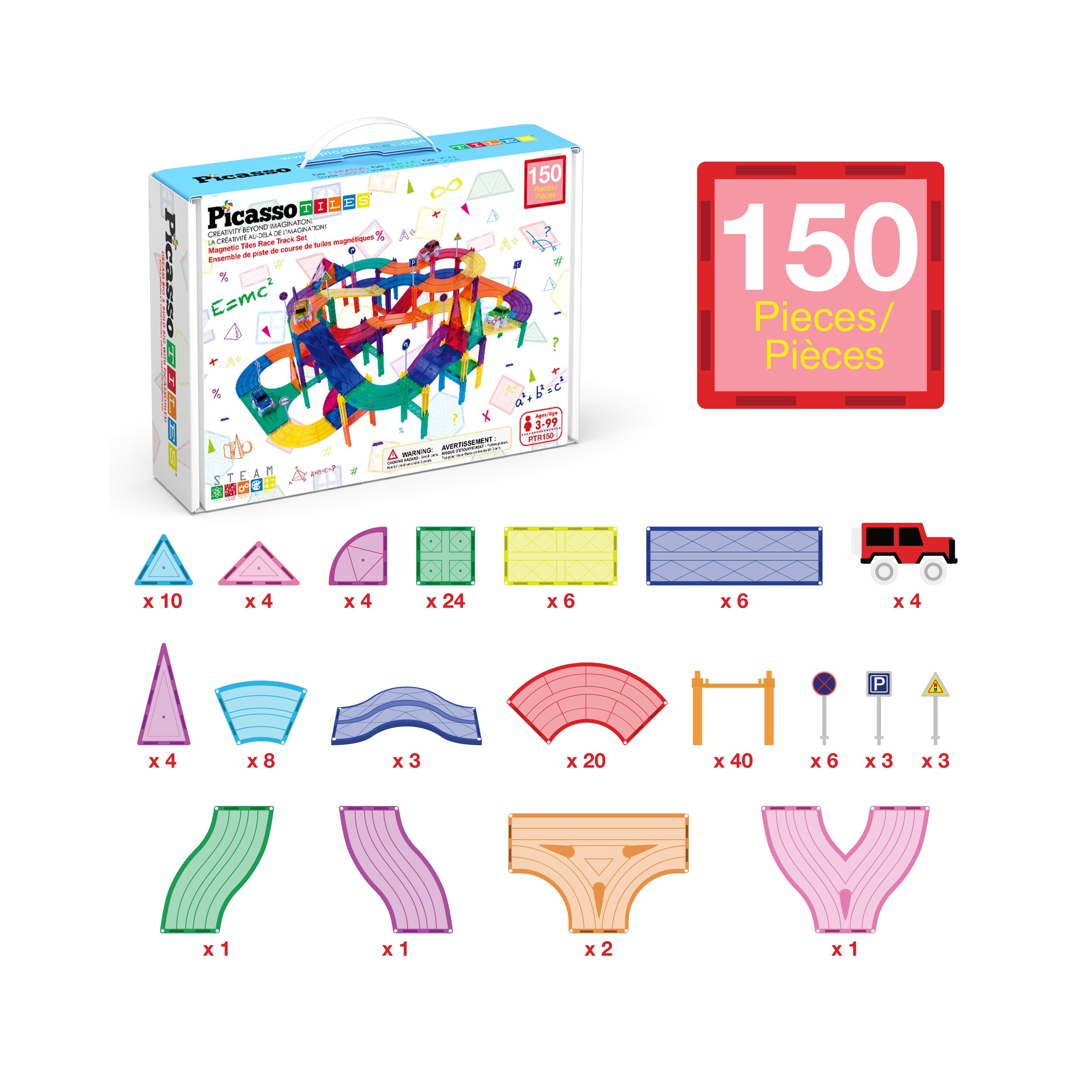 PicassoTiles 150pc Magnetic Tiles LED Car Race Track Set