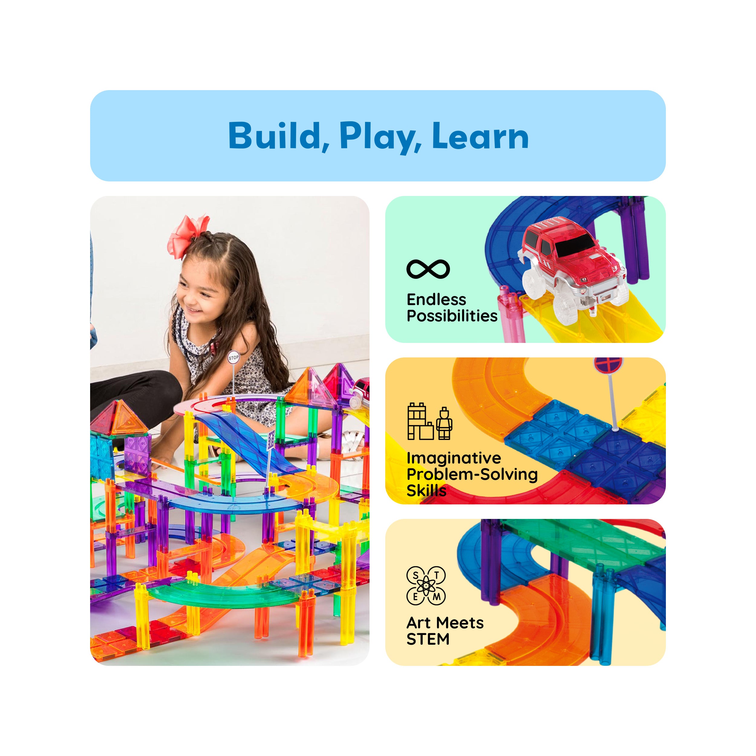 Magnetic Tile Race Track Set 150pc w/ 4 LED Cars | PicassoTiles