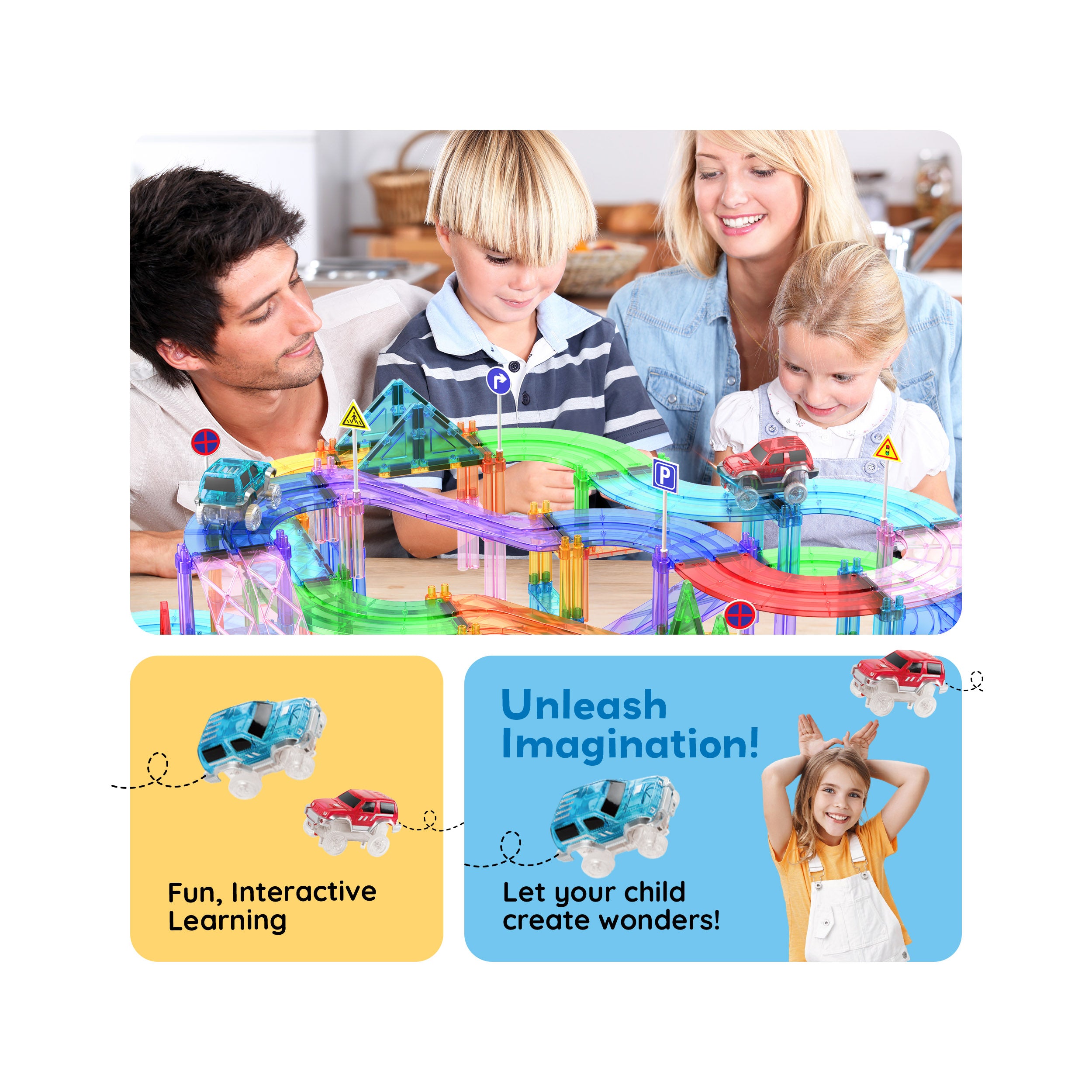 PicassoTiles 150pc Magnetic Tiles LED Car Race Track Set