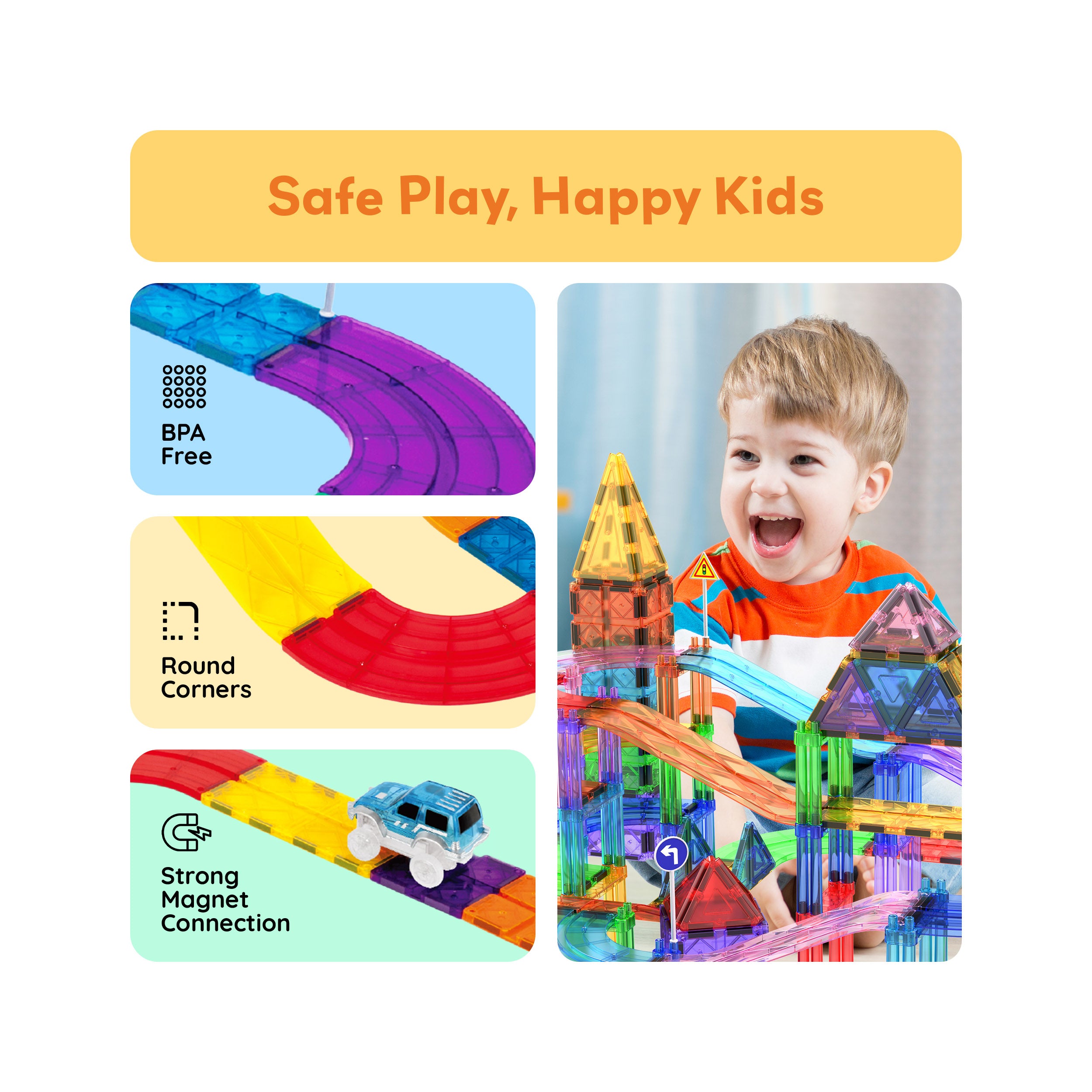 Magnetic Tile Race Track Set 150pc w/ 4 LED Cars | PicassoTiles