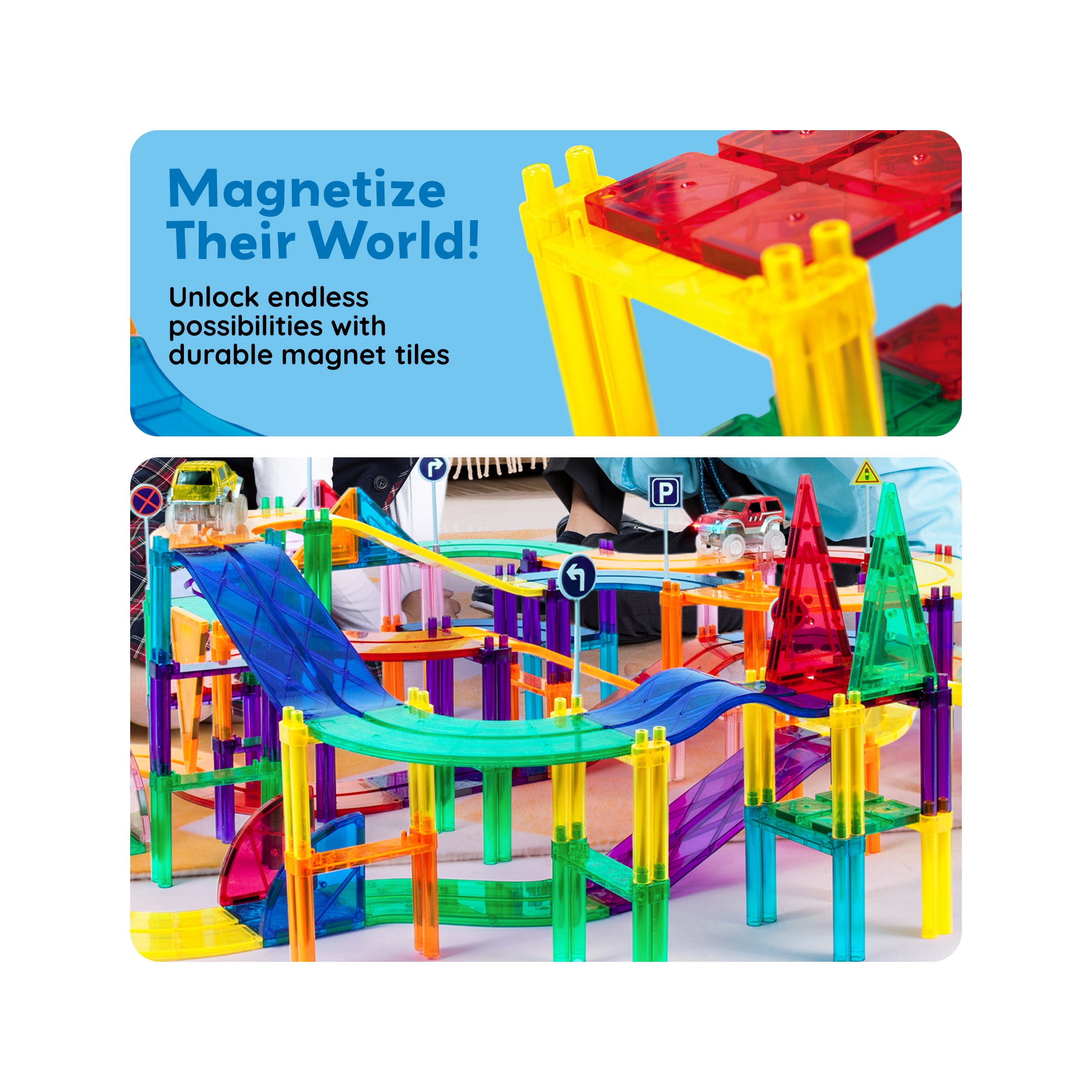 PicassoTiles 150pc Magnetic Tiles LED Car Race Track Set