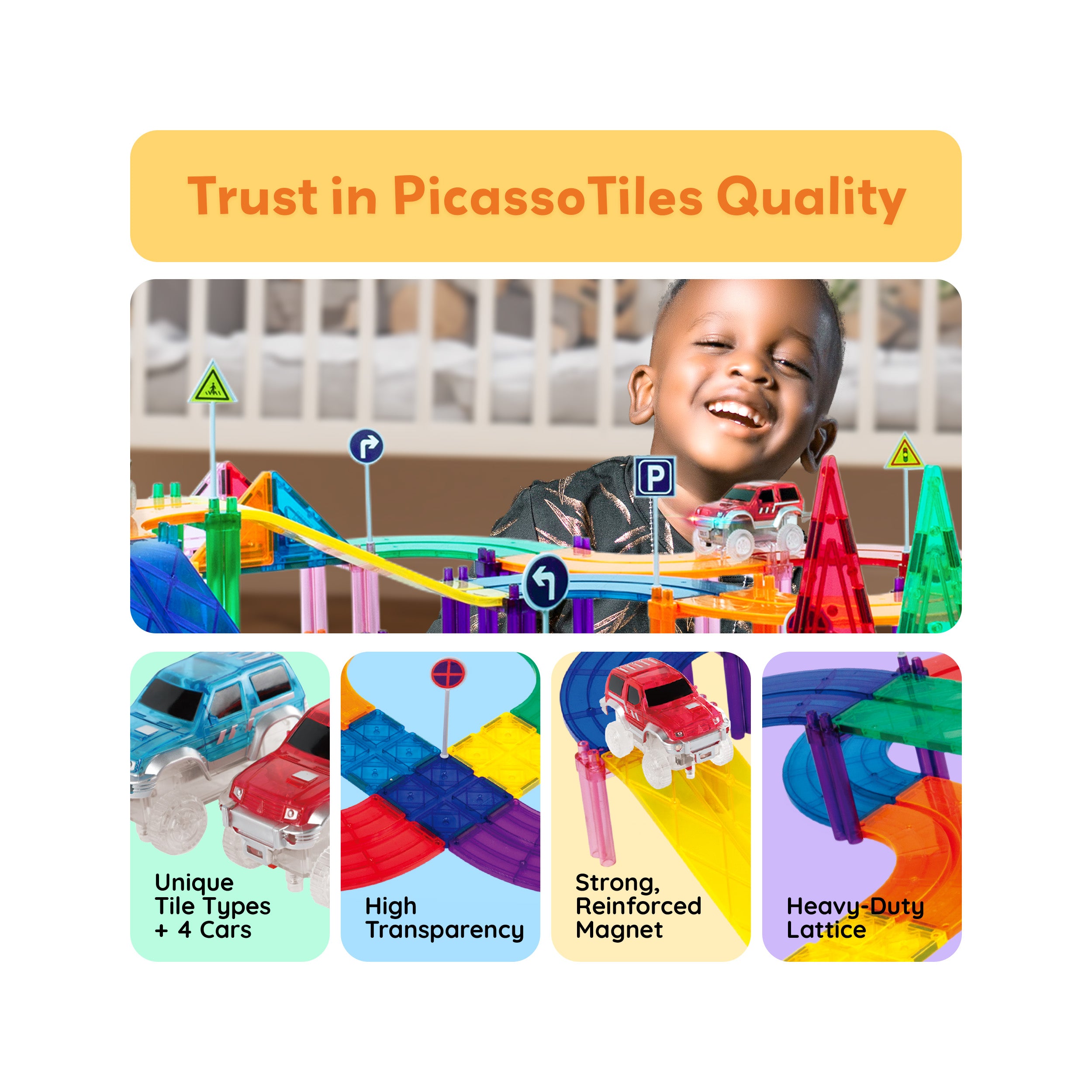 Magnetic Tile Race Track Set 150pc w/ 4 LED Cars | PicassoTiles