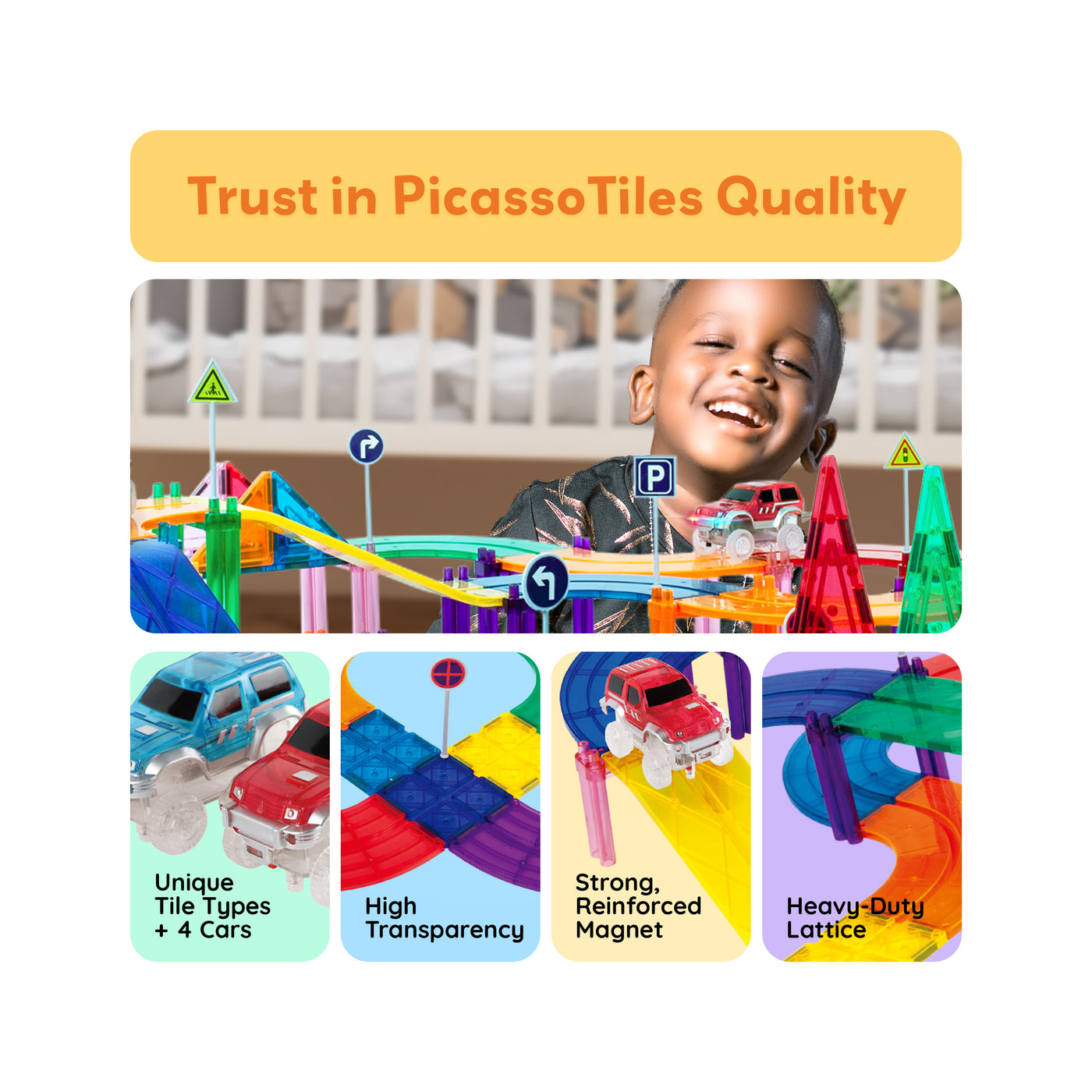 PicassoTiles 150pc Magnetic Tiles LED Car Race Track Set