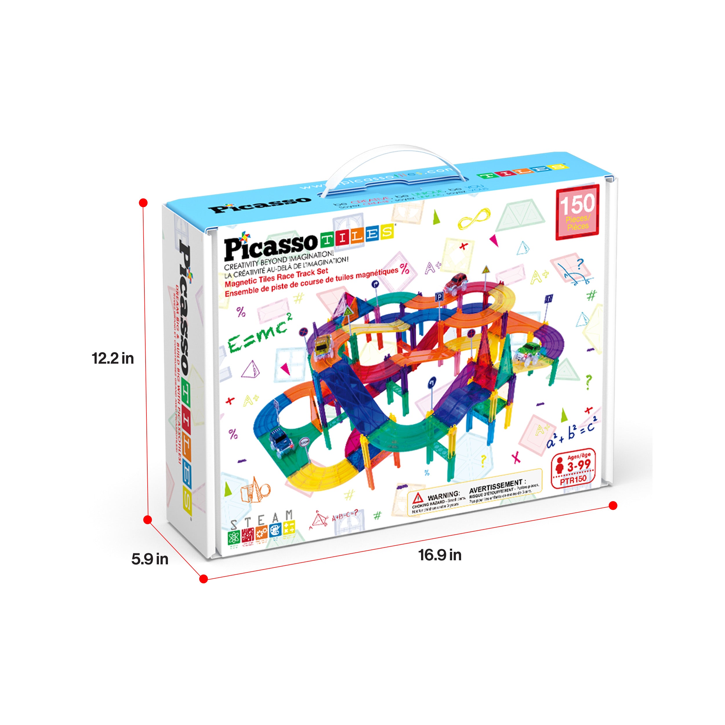 PicassoTiles 150pc Magnetic Tiles LED Car Race Track Set
