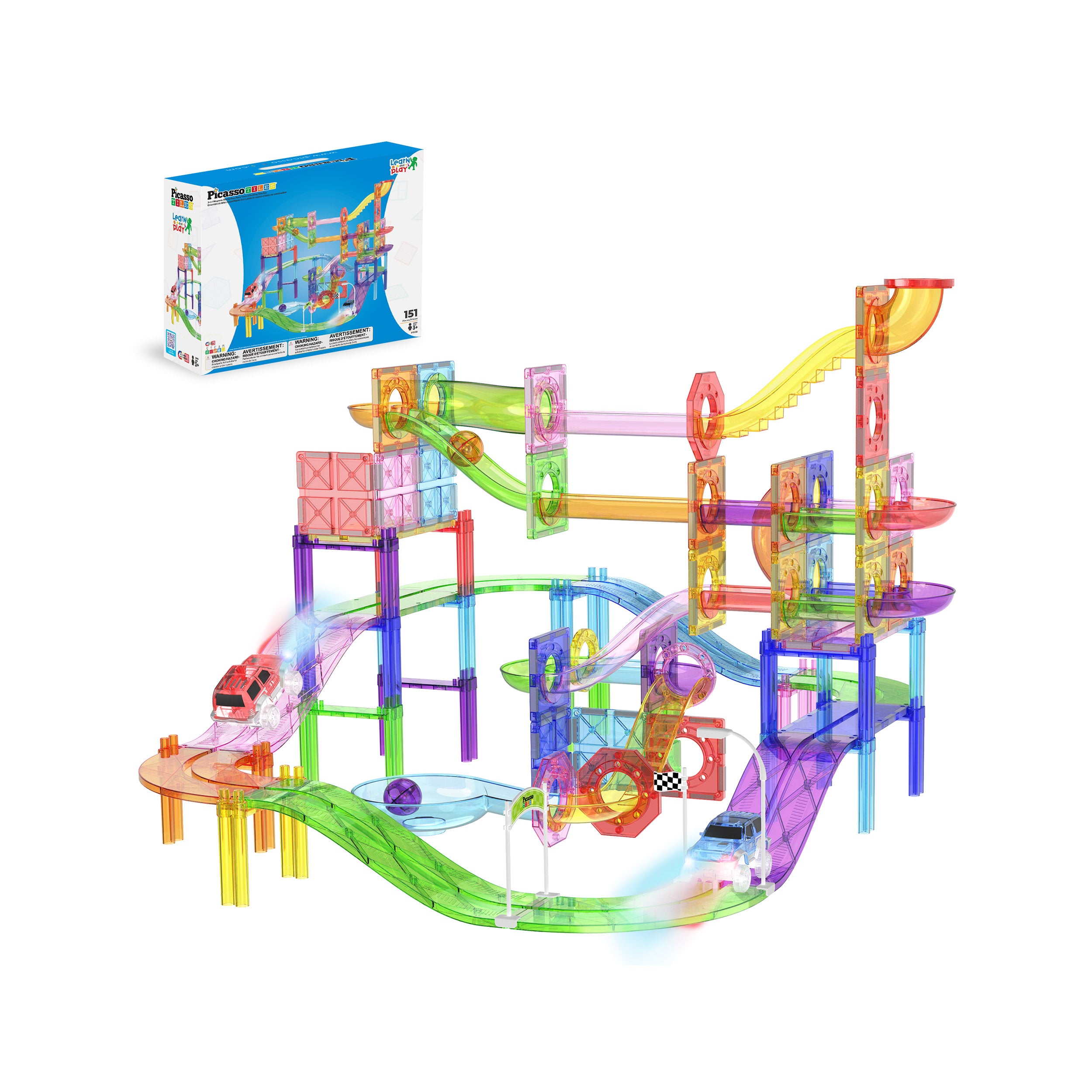 PicassoTiles multi-level magnetic marble run and race track combo playset featuring light-up vehicles, translucent tubes, and packaging box.