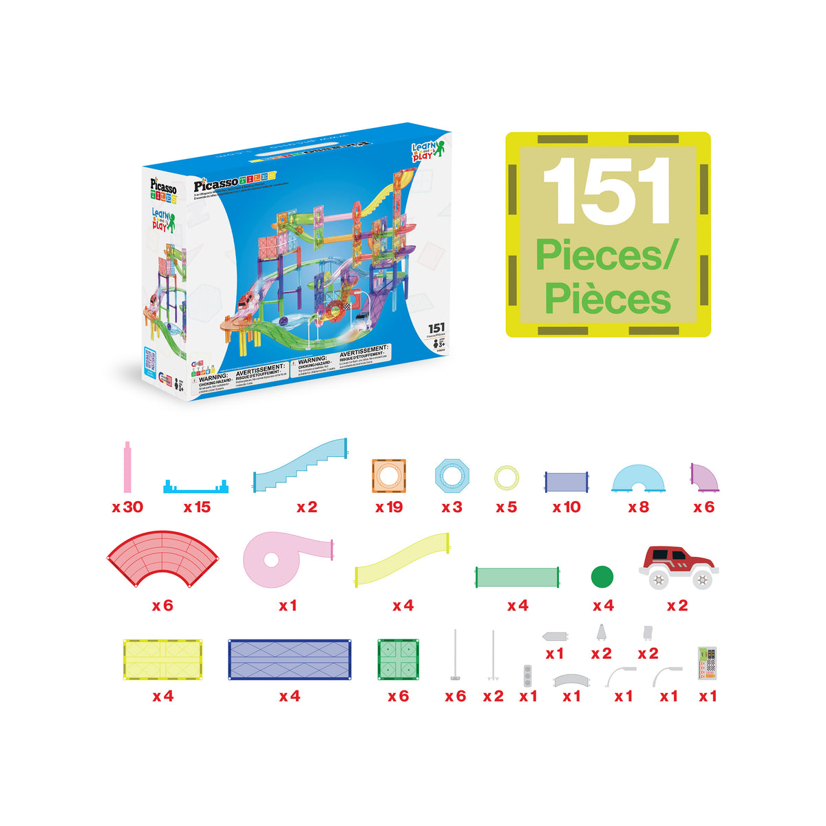 PicassoTiles 151-piece magnetic marble run and race track combo playset piece breakdown diagram with packaging box.