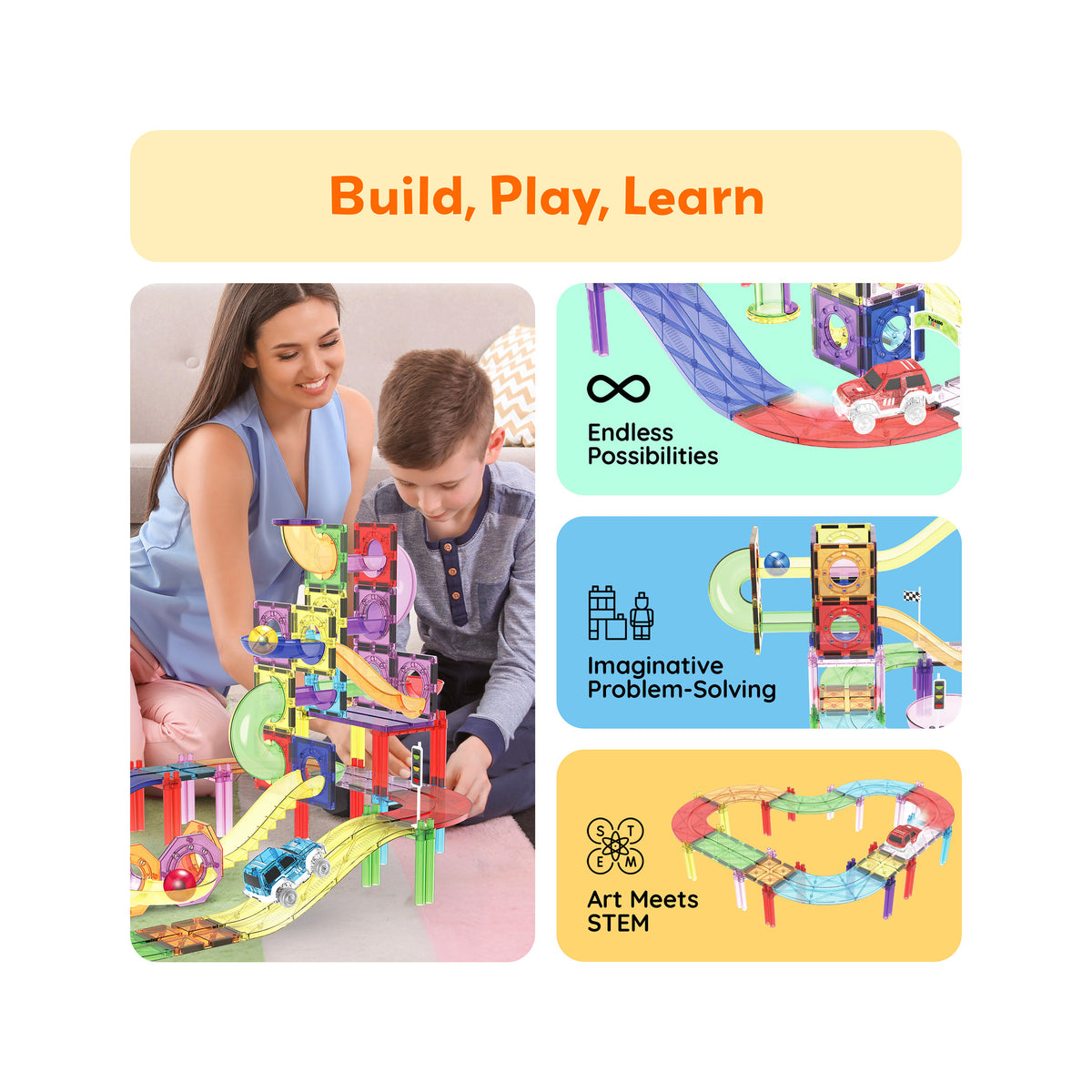 Mother and child building a PicassoTiles marble run race track set alongside STEM and learning benefit highlights.   