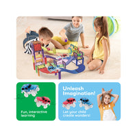 Three kids play with a magnetic marble run and race track set with glowing cars next to creative learning callouts.   