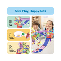 Two kids behind a PicassoTiles magnetic marble run and car track, highlighting BPA-free safety and rounded corners.