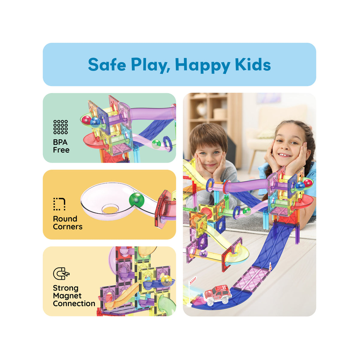 Two kids behind a PicassoTiles magnetic marble run and car track, highlighting BPA-free safety and rounded corners.