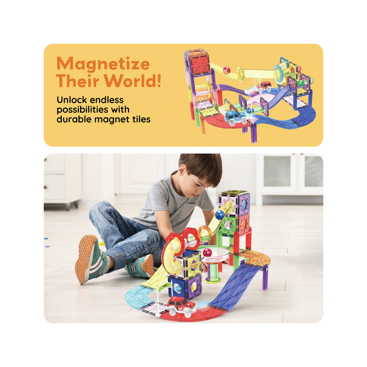 Boy playing with a PicassoTiles magnetic marble run and car track under a Magnetize Their World promotional banner.