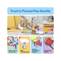 PicassoTiles quality banner with assembled marble maze run and close-ups of race track parts, lattice, and magnets.   