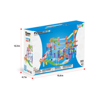 PicassoTiles 151-piece magnetic marble run and race track combo box with dimensions (12.3 in x 15.8 in x 4.7 in).