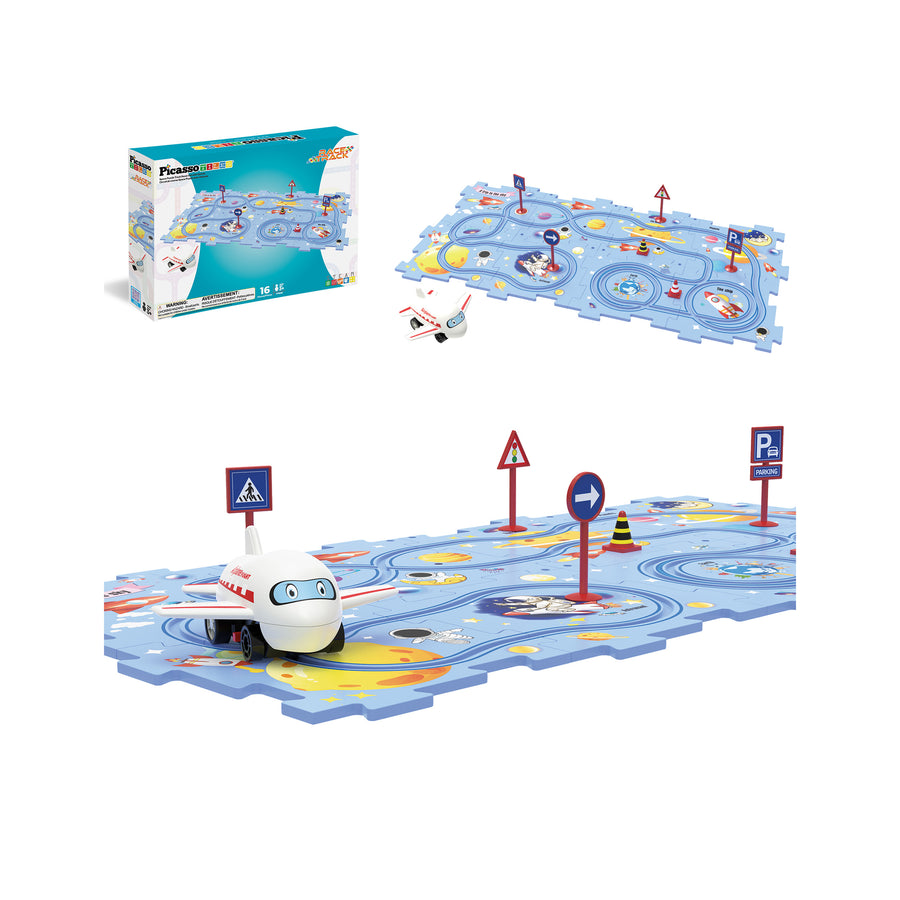 Space-themed puzzle track set with a toy airplane, blue mat featuring celestial illustrations, road signs, and box.